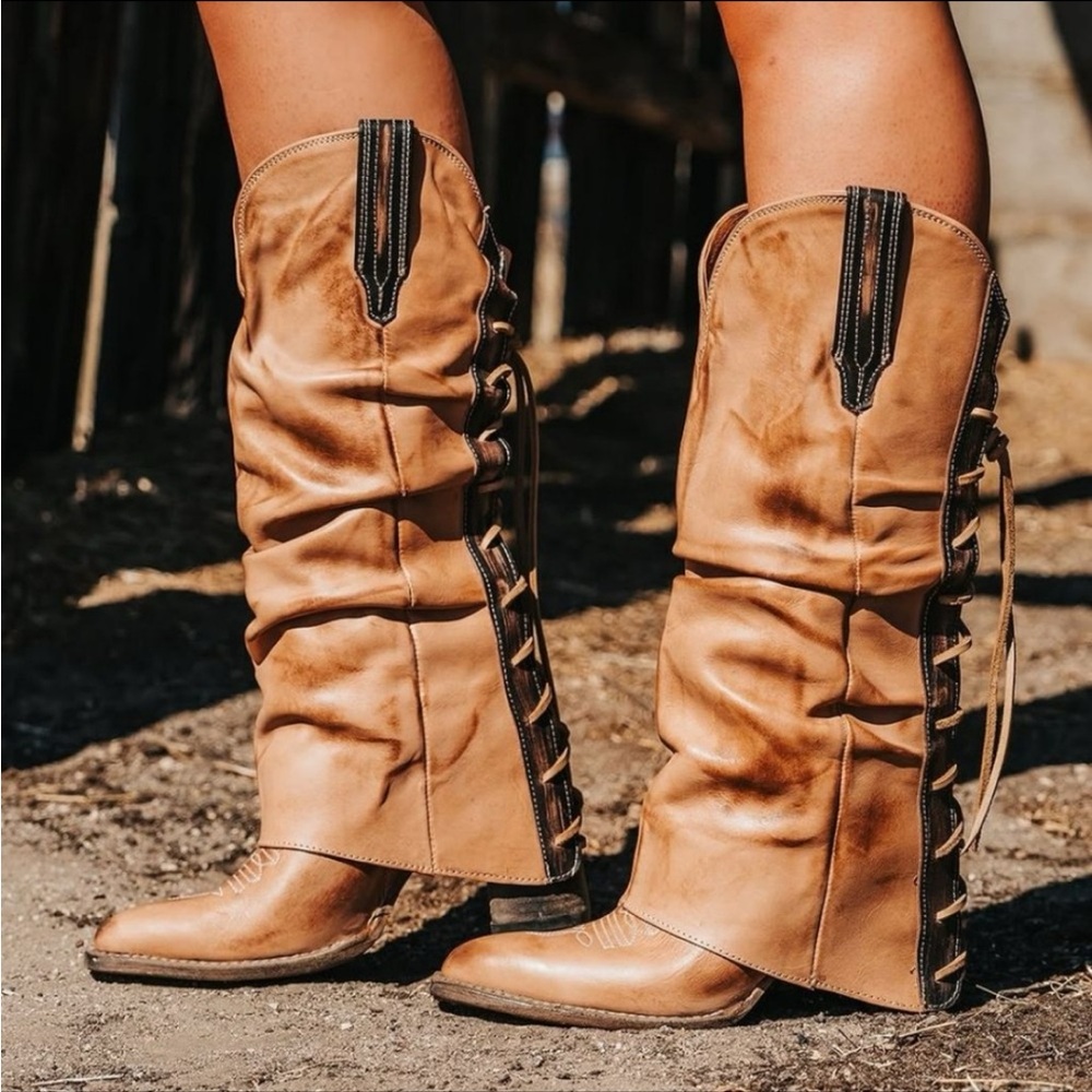 Women's Tan Western Lace-Up Knee Boots